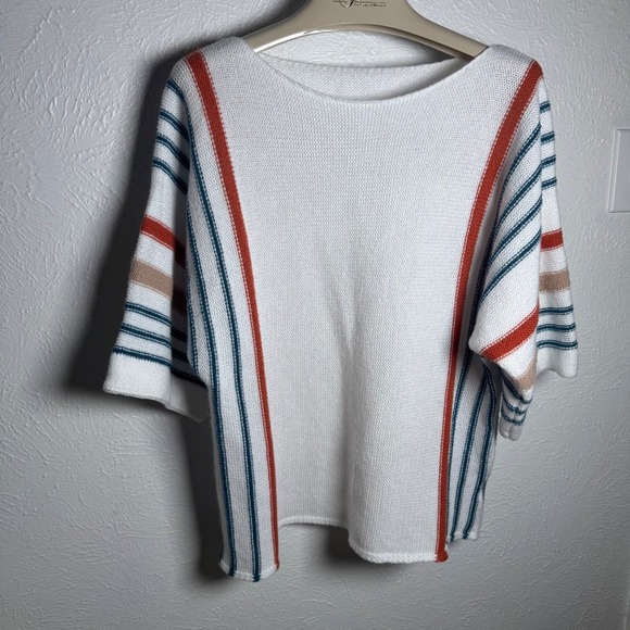 Sweaters - 80's Core Womens White Striped Boat Neck Sweater 3/4 Sleeve Casual Knit Top